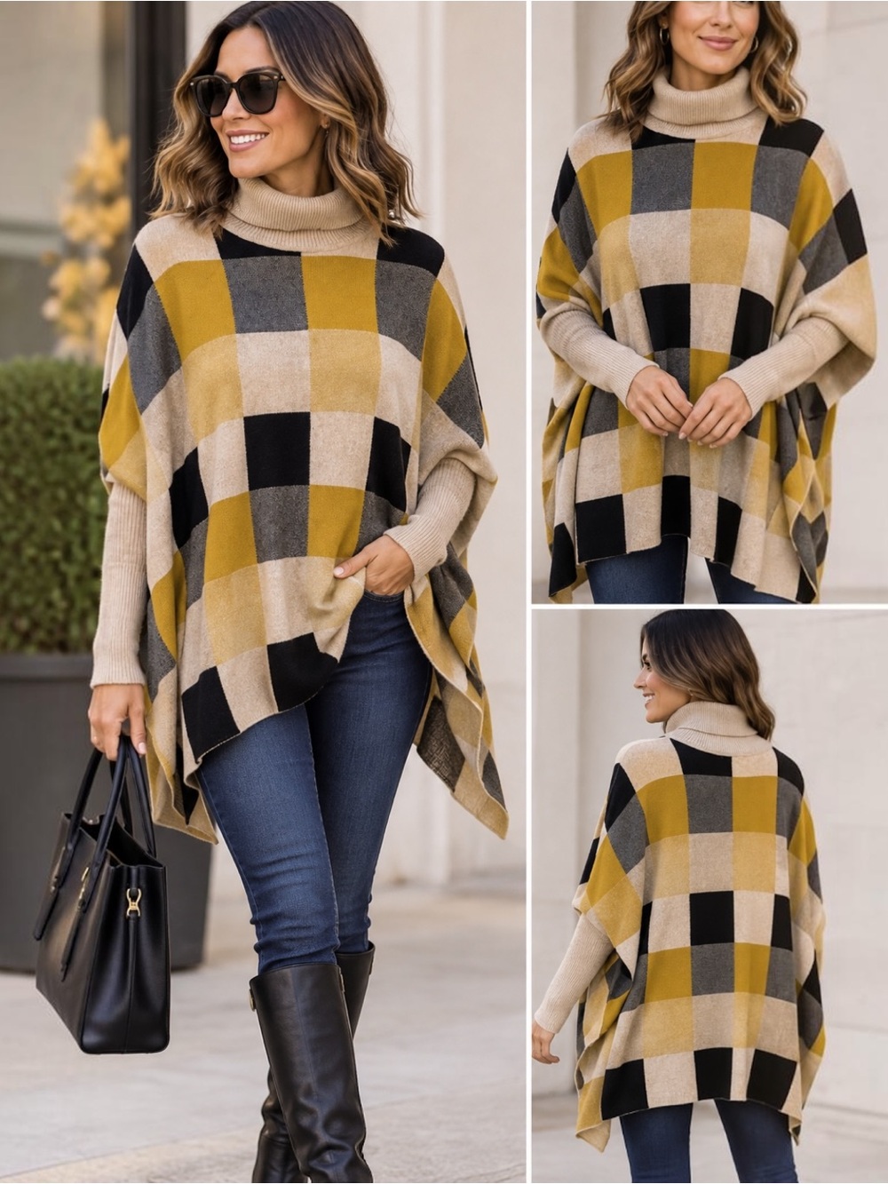 Crosstree Lane Poncho Sweater One Size Mustard Black Plaid Turtleneck Oversized